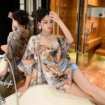 Сексуальная юбка на подтяжках, ночная рубашка, летняя и осенняя, ледяной шелк, рисунок тушью, пижама, однотонная, гладкая M