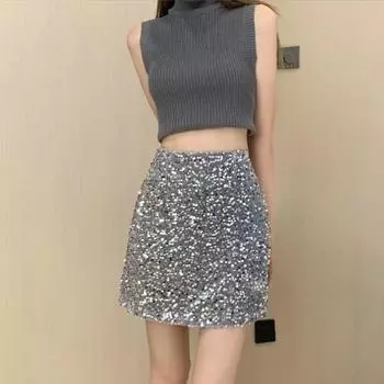 Сексуальная юбка с высокой талией, облегающая бедра, однотонная, с блестящими пайетками, декорированная мини-юбка для отдыха, пляжа, путешествий, вечеринок S