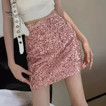 Сексуальная юбка с высокой талией, облегающая бедра, однотонная, с блестящими пайетками, декорированная мини-юбка для отдыха, пляжа, путешествий, вечеринок L чёрный