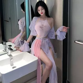 Сексуальная юбка-шаровары Hanfu с карманом на животе, разрезом, газовая юбка, фея, сладкая перспектива, соблазнительный фиолетовый костюм average size 80-62.5 kg