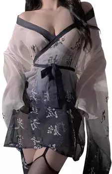 Сексуальная юката косплей мини длина японская одежда для вечерней комнаты кимоно ойран костюм фотография прозрачный кандзи серый серый [Lady Lazy]