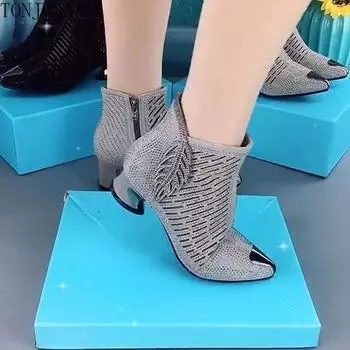 Сексуальная универсальная модная обувь со стразами, женские сандалии на толстом каблуке и среднем каблуке с острым носком и боковой молнией, женские сандалии 40 чёрный