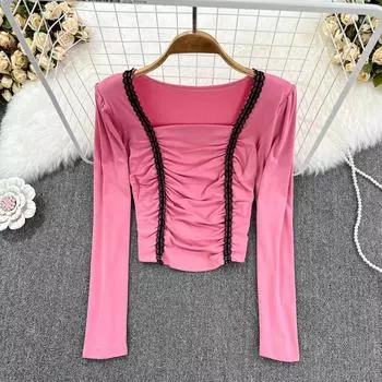 Сексуальная универсальная плиссированная футболка с квадратным вырезом и длинными рукавами, короткая облегающая рубашка с высокой талией, топ One Size чёрный