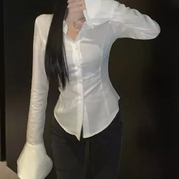 Сексуальная узкая женская рубашка с расклешенными рукавами, однобортная, с лацканами, туника с бандажом сзади, женские блузки, весенний тренд для женщин XXXL белый