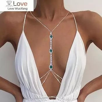 Сексуальная зеленая кристаллическая цепочка на грудь из нержавеющей стали, цепочка на талию для живота, ювелирное изделие для тела, ожерелье для женщин, аксессуары для одежды