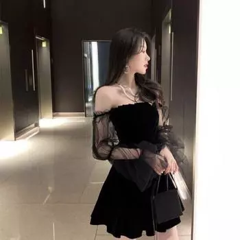 Сексуальная женщина бархатная чистая пряжа с рукавами-фонариками платье-топ платье Юбка трапециевидной формы с длинным рукавом с открытыми плечами ночной клуб бар свадебная вечеринка XXL чёрный