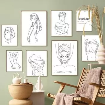 Сексуальная женщина, рисование линий, настенная живопись на холсте, плакаты на скандинавскую тему и принты, настенные панно, испанский туалет, Deja Poo, декор для ванной комнаты A4 21X30cm No Framed