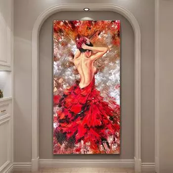 Сексуальная женщина в красном платье Картина девушки на спине Картина Вертикальная настенная танцовщица Подарки Абстрактные креативные граффити Современная мода Искусство Рисунок Плакаты и принты 20x40cm No Frame