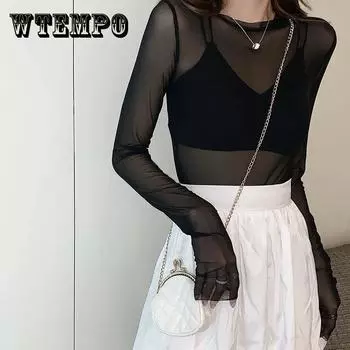 Сексуальная женская футболка, прозрачные сетчатые топы, прозрачная тонкая женская футболка с длинными рукавами XXL белый