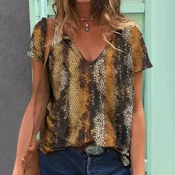 Сексуальная женская футболка Python, летняя модная футболка с коротким рукавом и V-образным вырезом, полосатый принт, женская одежда, женская свободная повседневная блузка S