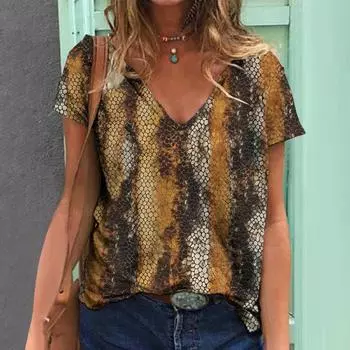 Сексуальная женская футболка Python, летняя модная футболка с коротким рукавом и V-образным вырезом, полосатый принт, женская одежда, женская свободная повседневная блузка S