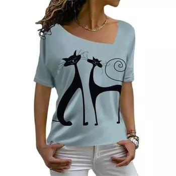 Сексуальная женская футболка с 3D принтом и милым диагональным воротником, винтажная женская футболка в стиле Харадзюку с коротким рукавом, летняя повседневная женская одежда 5XL