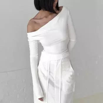 Сексуальная женская футболка с открытой спиной на шнуровке и воротником-стойкой 2024, модная тонкая белая футболка с длинным рукавом, черные повседневные простые футболки 30615 S белый