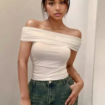 Сексуальная женская футболка с открытыми плечами, летние повседневные футболки с короткими рукавами, однотонные, облегающие, Elegsnt, женские простые белые футболки с разрезом на шее, 24374 S белый
