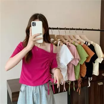 Сексуальная женская футболка с рюшами и шнурком, однотонная футболка с коротким рукавом, повседневные топы на бретелях, модный укороченный топ, женская летняя футболка Y2k, уличная одежда S белый