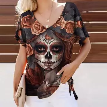 Сексуальная женская футболка с v-образным вырезом, модная персонализированная женская футболка с портретом скелета и цифровым 3D принтом, одежда с короткими рукавами, летний пуловер для отдыха 5XL