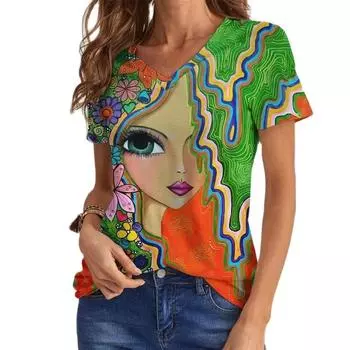 Сексуальная женская футболка с v-образным вырезом и контрастной строчкой, цифровой 3D принт, женская одежда с короткими рукавами, летние топы для отдыха, пуловер 7XL