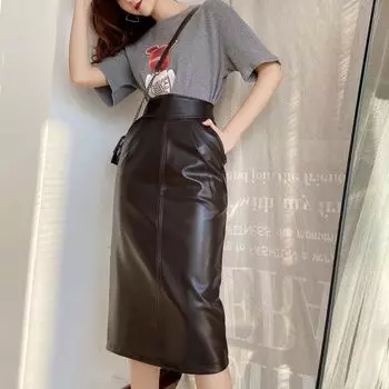 Сексуальная женская кожаная юбка с высокой талией и разрезом на весну M чёрный