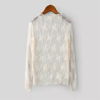 Сексуальная женская кружевная футболка с прозрачными сетчатыми топами, длинный рукав, тонкая женская водолазка, шелковая футболкаF S светло-коричневого