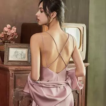 Сексуальная женская летняя ночная рубашка на подтяжках, женский халат с лямкой на бретельках и двойным бретелем, для сна на весну и осень, комплект из двух предметов, домашний сервис M чёрный