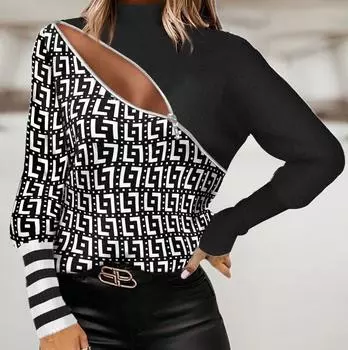 Сексуальная женская молния, элегантный топ с высоким воротником, длинный рукав, принт, офисная женская блузка Blusa Mujer Moda Mujer XS белый