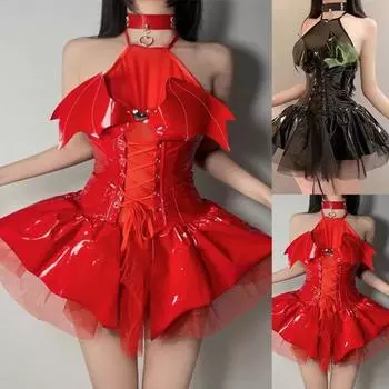 Сексуальная женская ночная рубашка из лакированной кожи с отделкой для косплея, блестящее короткое платье с открытой спиной, горячая ночная рубашка для клуба