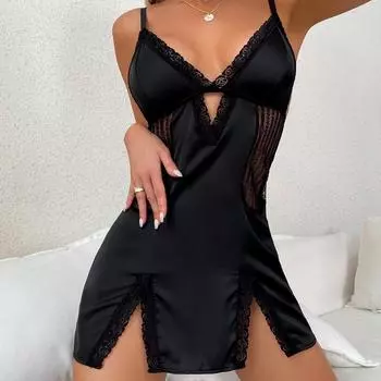 Сексуальная женская ночная рубашка с глубоким v-образным вырезом, однотонная атласная на подтяжках, дышащая, с открытой спиной, удобная домашняя одежда S чёрный