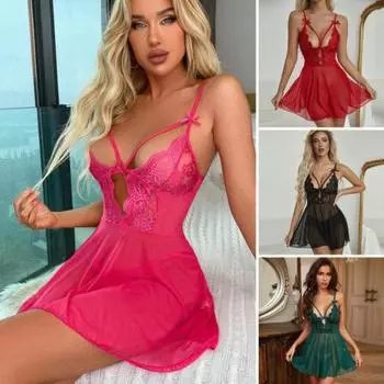 Сексуальная женская ночная рубашка с глубоким вырезом и V-образным вырезом, без рукавов, прозрачная кружевная сетка, декор в виде банта, для медового месяца, брачной ночи S
