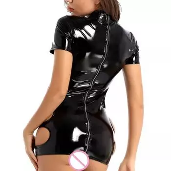 Сексуальная женская ночная рубашка с мокрым эффектом, короткое платье из ПВХ-кожи, облегающее нижнее белье, полое мини-белье для сна, соблазнительное эротическое белье M