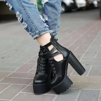 Сексуальная женская обувь для ночного клуба с пряжкой, ботильоны на высоком каблуке с вырезами, ботильоны на платформе, готические черные кожаные женские полусапожки 34 чёрный