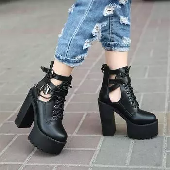 Сексуальная женская обувь для ночного клуба с пряжкой, ботильоны на высоком каблуке с вырезами, ботильоны на платформе, готические черные кожаные женские полусапожки 34 чёрный