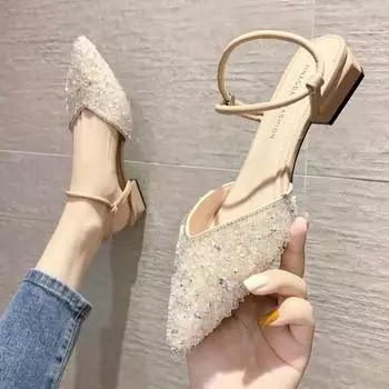 Сексуальная женская обувь, тренд 2024 года, босоножки на среднем каблуке для вечеринок, женские, со стразами, удобные, элегантные, модные, летние, новые 35 бежевый