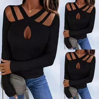 Сексуальная женская однотонная пуловерная футболка с длинными рукавами, повседневные облегающие джемперы, топы
