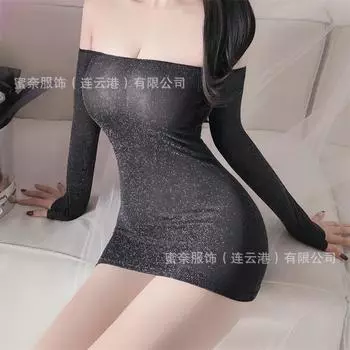 Сексуальная женская пижама с воротником из одного слова, блестящая и обтягивающая юбка на бедрах, свободная от искушения, сексуальное нижнее белье женщины на кровати Average size 80-57.5 kg