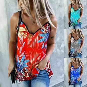 Сексуальная женская свободная блузка с v-образным вырезом и принтом листьев без рукавов, футболка