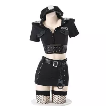 Сексуально эротично, чрезвычайно эротично, темно-синий, облегающая мини-юбка, один размер, шляпа и чулки, черный [SHLYMP] Косплей, Полиция, Полицейская, Полиция, чёрный