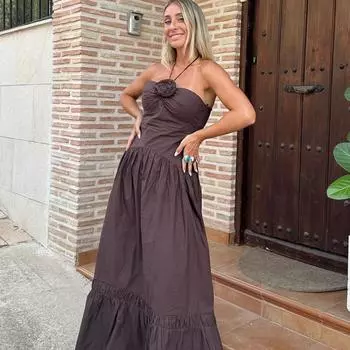 Сексуальное 3D Цветочное Платье-Халтер Длинное Женское Плиссированное Платье С Открытой Спиной Пэчворк Без Рукавов С Открытыми Плечами Праздничные Платья Халаты XS коричневый