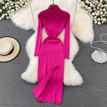 Сексуальное эластичное облегающее трикотажное платье с воротником-стойкой и длинными рукавами, осенне-зимнее платье-свитер с запахом и бедрами One Size чёрный