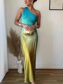 Сексуальное элегантное длинное платье на одно плечо с принтом, женское повседневное тонкое вечернее платье с полым вырезом, женская одежда для вечеринок с открытой спиной и принтом феи L зелёный