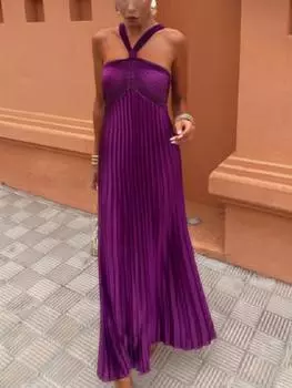 Сексуальное элегантное однотонное плиссированное платье миди, женские винтажные шикарные длинные платья без рукавов, женская мода в стиле ретро Y2k, новая одежда для вечеринок с открытой спиной S фиолетовый