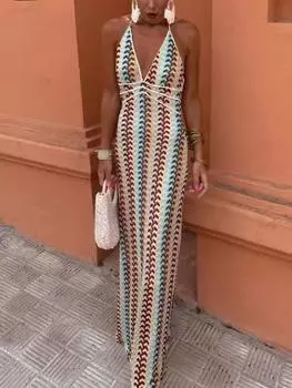 Сексуальное элегантное платье с глубоким V-образным вырезом и рыбьим хвостом, женское модное платье без рукавов с принтом, женское шикарное облегающее платье Y2k с открытой спиной, уличная одежда S жёлтый