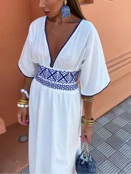 Сексуальное элегантное платье Y2k с глубоким v-образным вырезом, женское винтажное платье с коротким рукавом и разрезом на талии, длинный халат, модные шикарные летние повседневные уличные платья M белый