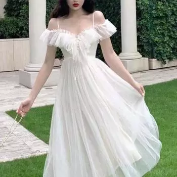 Сексуальное элегантное платье, женское сетчатое кружевное лоскутное платье феи, милая мода 2023, летнее пляжное платье с открытыми плечами S бежевый