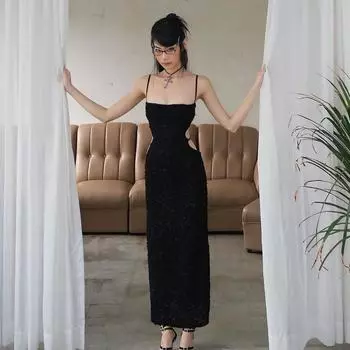 Сексуальное элегантное вечернее платье без рукавов с открытой спиной, женское летнее тонкое платье с высокой талией и открытыми длинными черными коктейльными платьями, женское праздничное платье для отдыха S чёрный