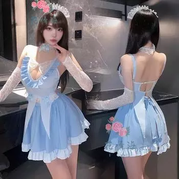 Сексуальное эротическое нижнее белье ветер чистого желания глубокое V ягодицы горничная ролевая униформа соблазнение с открытой спиной One size