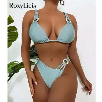 Сексуальное асимметричное бикини со средней талией, женские купальники, женский купальник, комплект бикини из двух частей, мягкий купальный костюм для купания S светло-синий