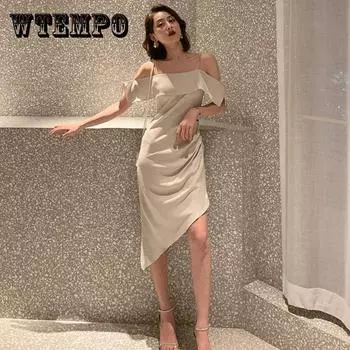 Сексуальное асимметричное платье на тонких бретельках с открытыми плечами и открытой спиной, нерегулярное платье M бежевый