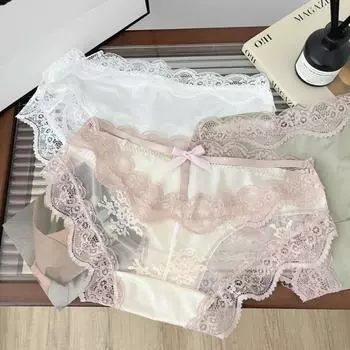 Сексуальное атласное кружевное нижнее белье для женщин с низкой талией Pure Desire Hollow Out Breathable Pure Cotton Womens Triangle Panties M белый
