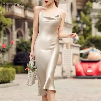 Сексуальное атласное платье с открытой спиной, женское летнее платье миди на тонких бретельках с v-образным вырезом, женские повседневные вечерние платья, женская одежда 13255 S зелёный