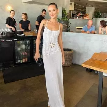 Сексуальное ажурное трикотажное пляжное платье для женщин, облегающее платье с подтяжками, открытая спина, облегающее платье с бедрами, длинные платья для женщин 2024 года, летние женские платья S белый